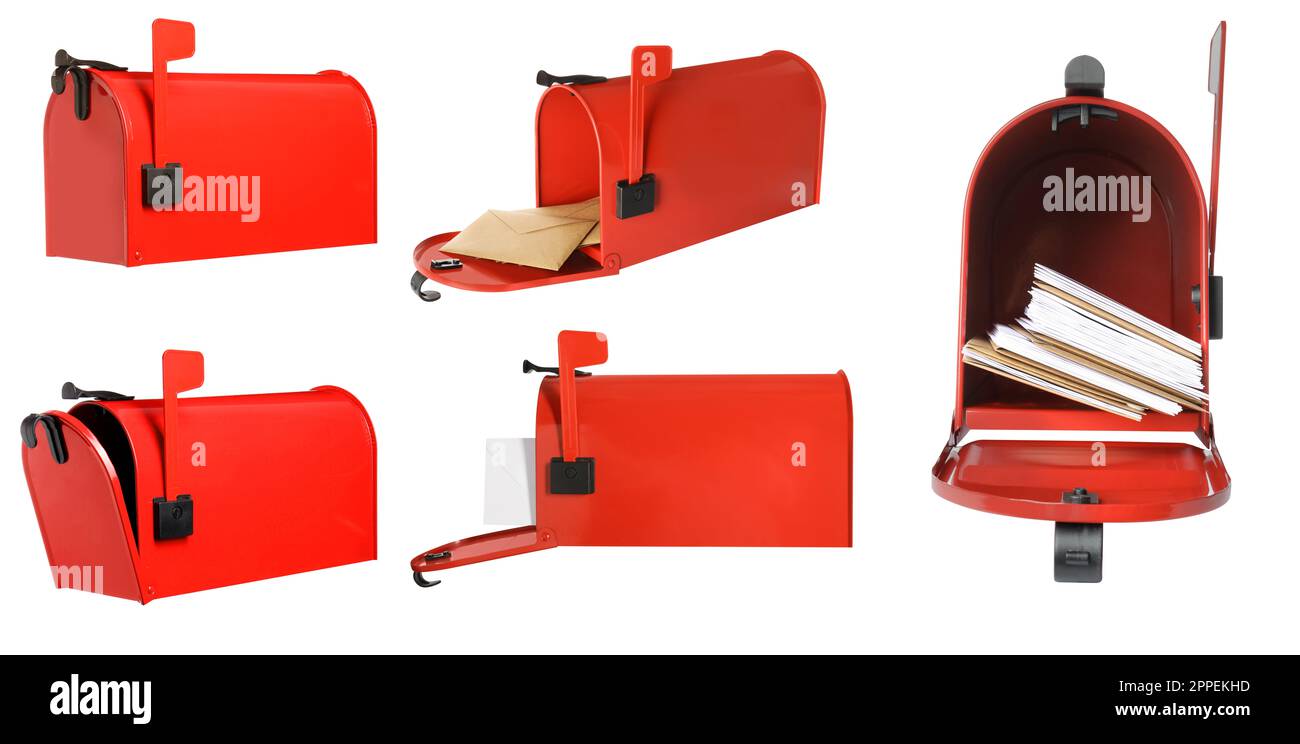 Set of red letter boxes with correspondence on white background Stock Photo Alamy