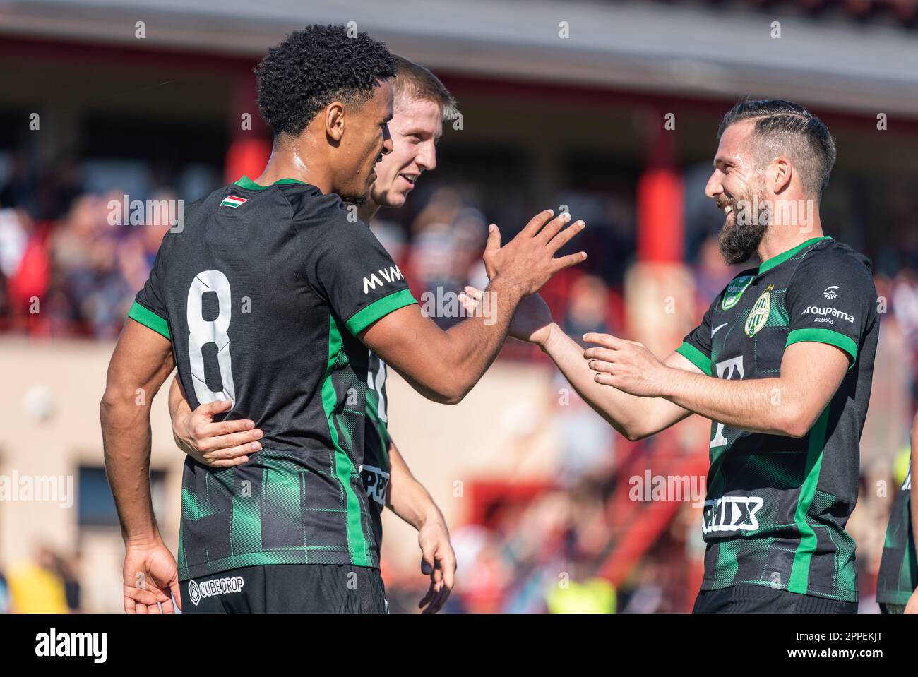 Ivancsa, Hungary – October 19, 2022. Ferencvaros players Ryan Mmaee and Xavier Mercier celebrating Mmaee’s goal in Hungarian Cup Round of 32 match Iva Stock Photo