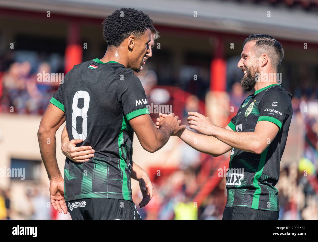 Ivancsa, Hungary – October 19, 2022. Ferencvaros players Ryan Mmaee and Xavier Mercier celebrating Mmaee’s goal in Hungarian Cup Round of 32 match Iva Stock Photo
