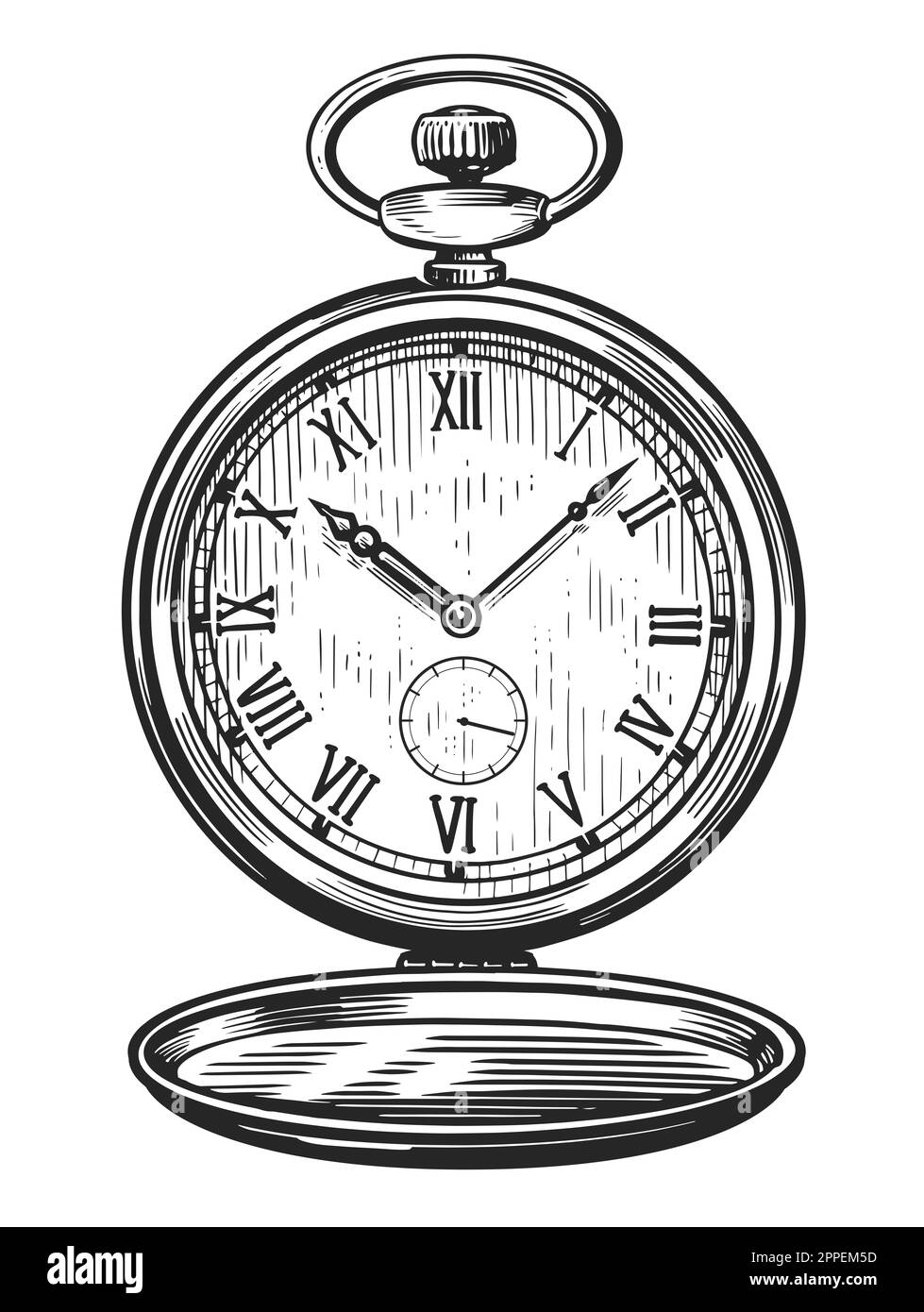 Vintage pocket watch. Retro old clock isolated. Hand drawn sketch illustration in engraving style Stock Photo