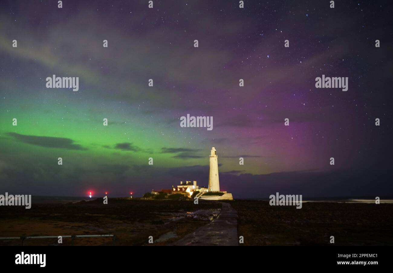 The northern lights (aurora borealis) over St Mary's lighthouse in