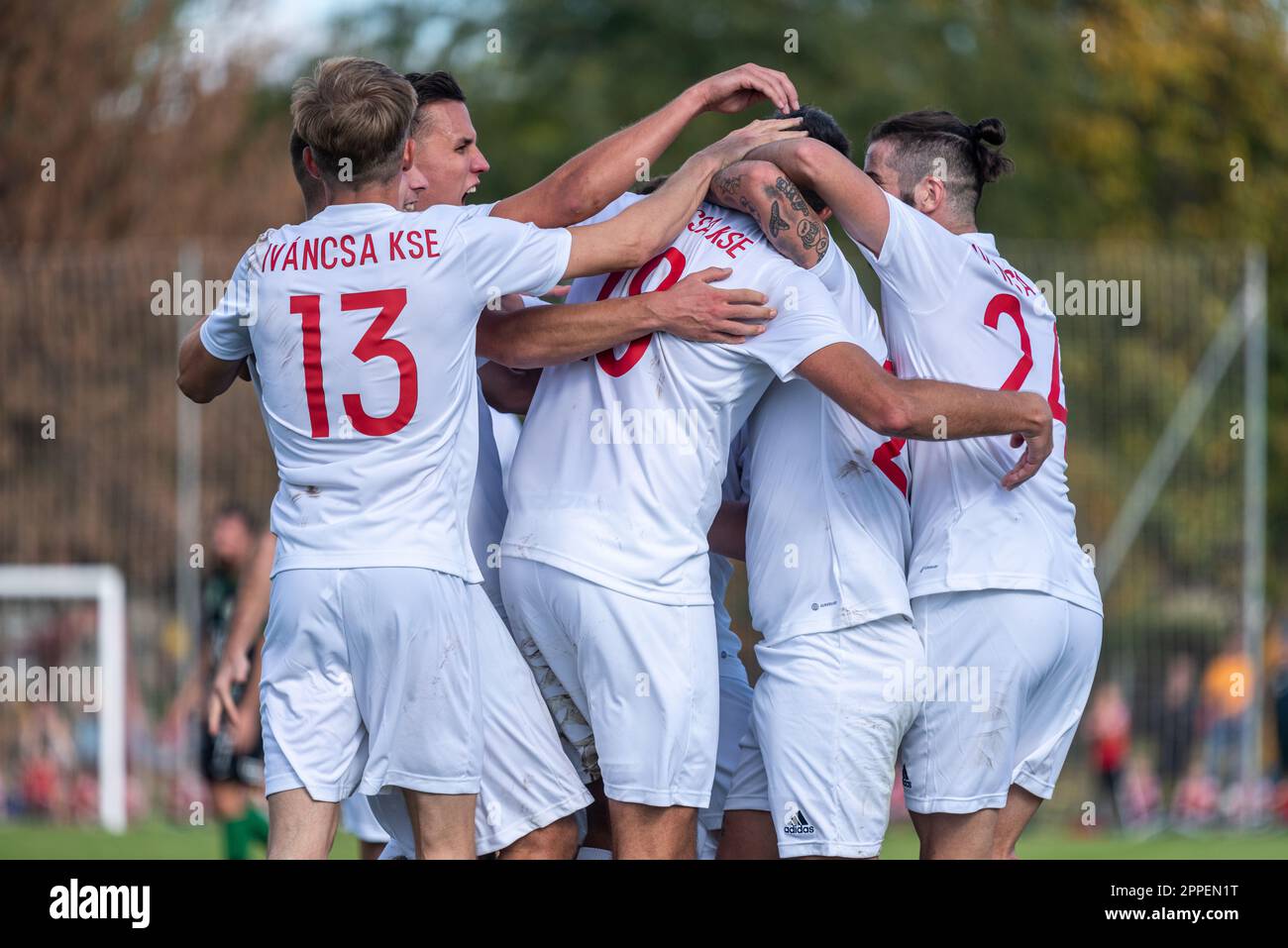 Ivancsa, Hungary – October 19, 2022. Ivancsa KSE players celebrating their second goal, scored by Csaba Aradi, in Hungarian Cup Round of 32 match Ivan Stock Photo