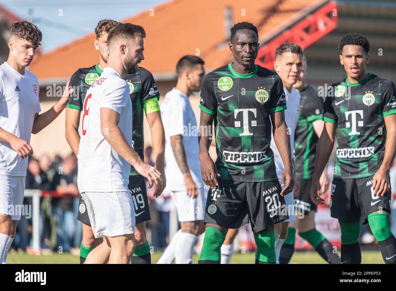 Ivancsa, Hungary – October 19, 2022. Ferencvaros and Ivancsa players during a corner kick in Hungarian Cup Round of 32 match Ivancsa vs Ferencvaros (3 Stock Photo