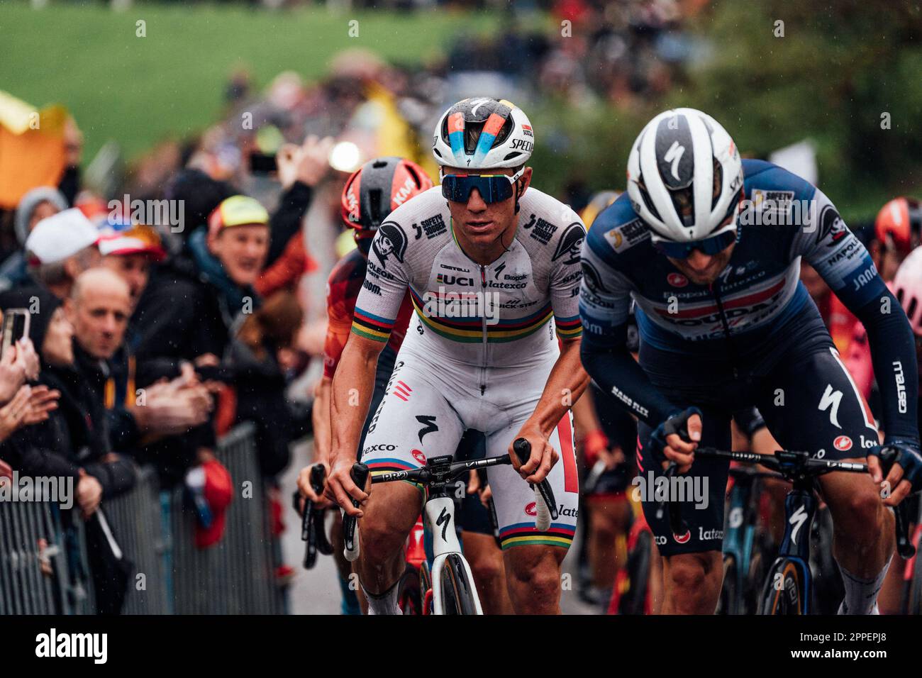 Liege, Belgium. 23rd Apr, 2023. Picture by Zac Williams/SWpix.com- 23/04/2023 - Cycling - 2023 Liege Bastogne Liege - Remco Evenepoel, Soudal Quickstep. Credit: SWpix/Alamy Live News Stock Photo