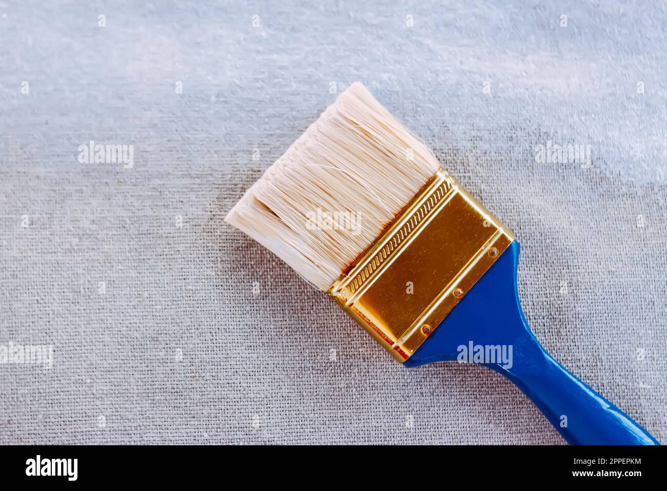 Synthetic paint brush and primer on canvas surface Stock Photo Alamy