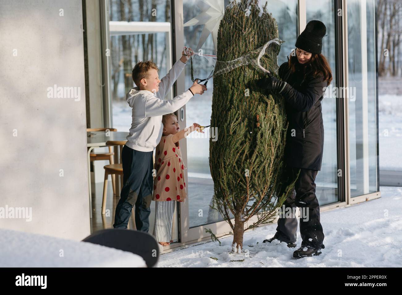 Woman with children preparing Christmas tree in front of house Stock Photo