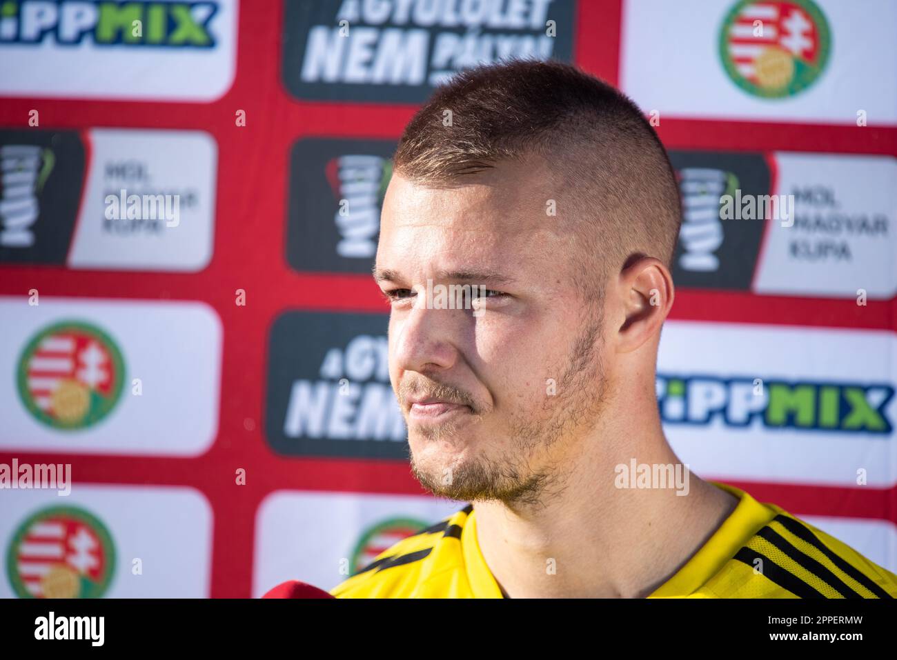 Ivancsa, Hungary – October 19, 2022. Ivancsa KSE goalkeeper Adam Varga after Hungarian Cup Round of 32 match Ivancsa vs Ferencvaros (3-2). Stock Photo