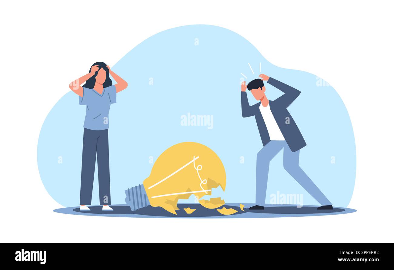 Broken light bulb as symbol of collapse of an idea, failure and hardship. Unsuccessful business brainstorming. Inspiration crisis. Sad man and woman Stock Vector