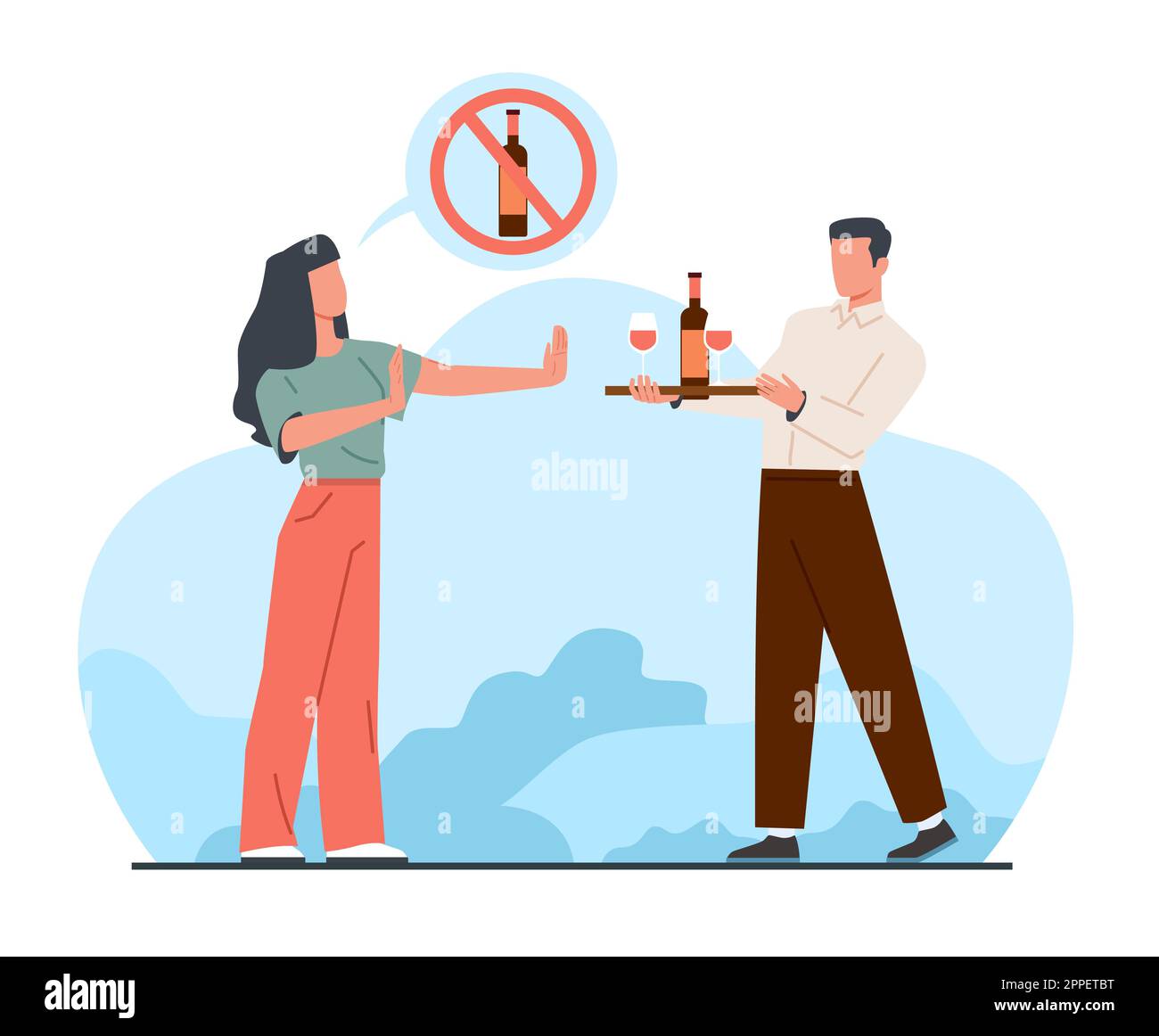 Concept of quitting bad habits, girl against drinking alcohol. Stop