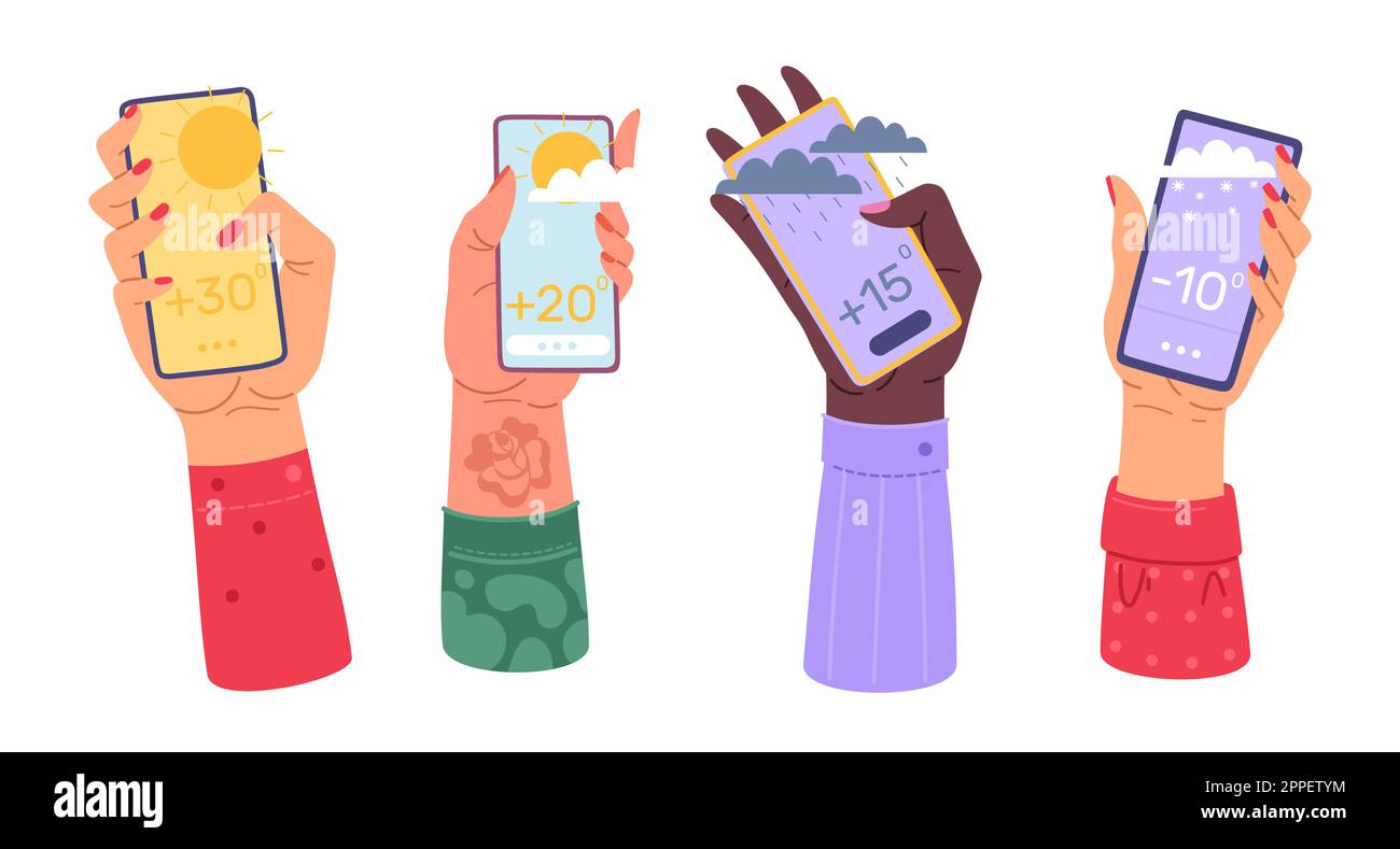 Hands holding phone with weather app, online forecast. Modern style