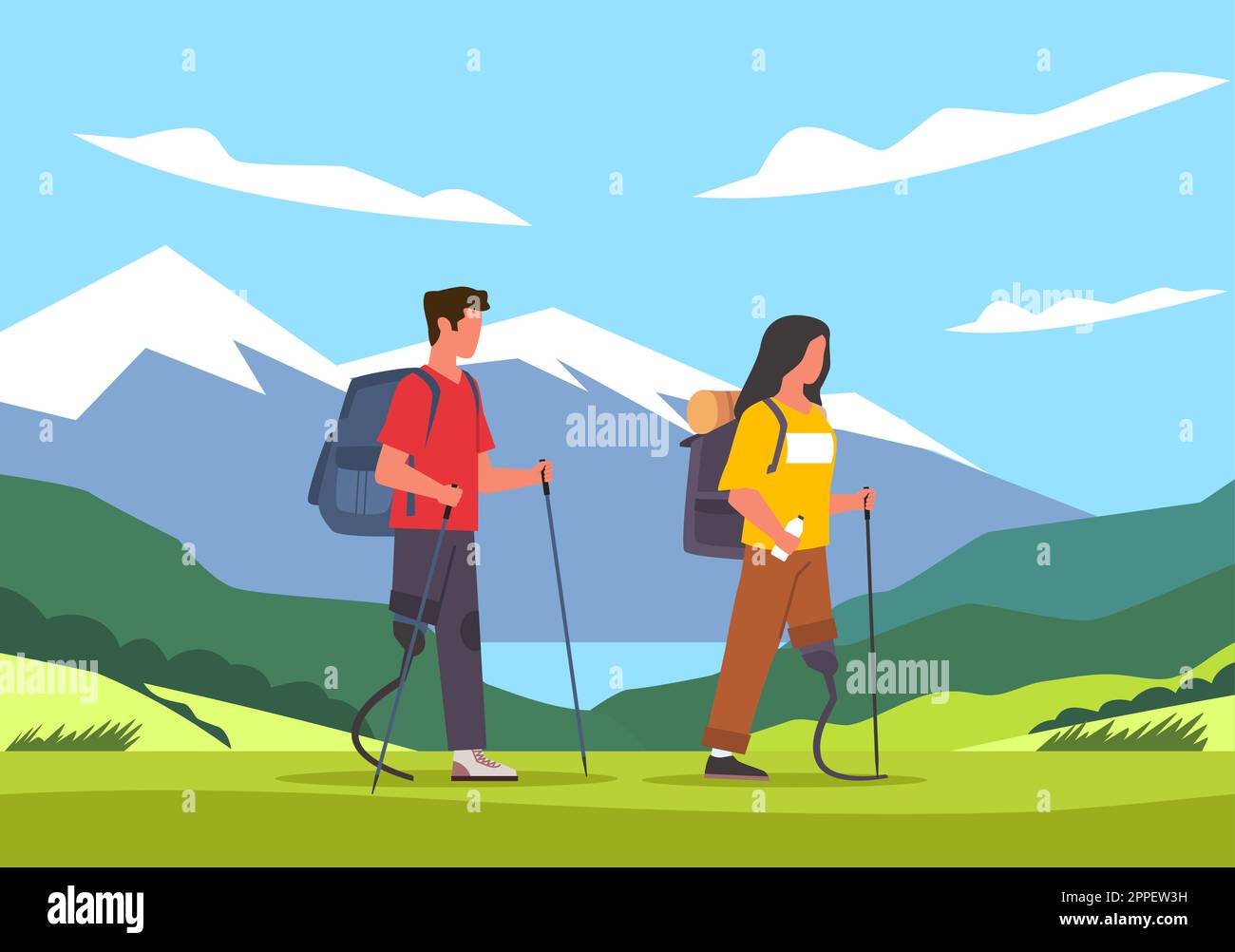 Guy and girl with prosthetic leg go hiking, traveling and relaxing together. Healthy lifestyle. Travel adventures. Disabled person walking, cartoon Stock Vector