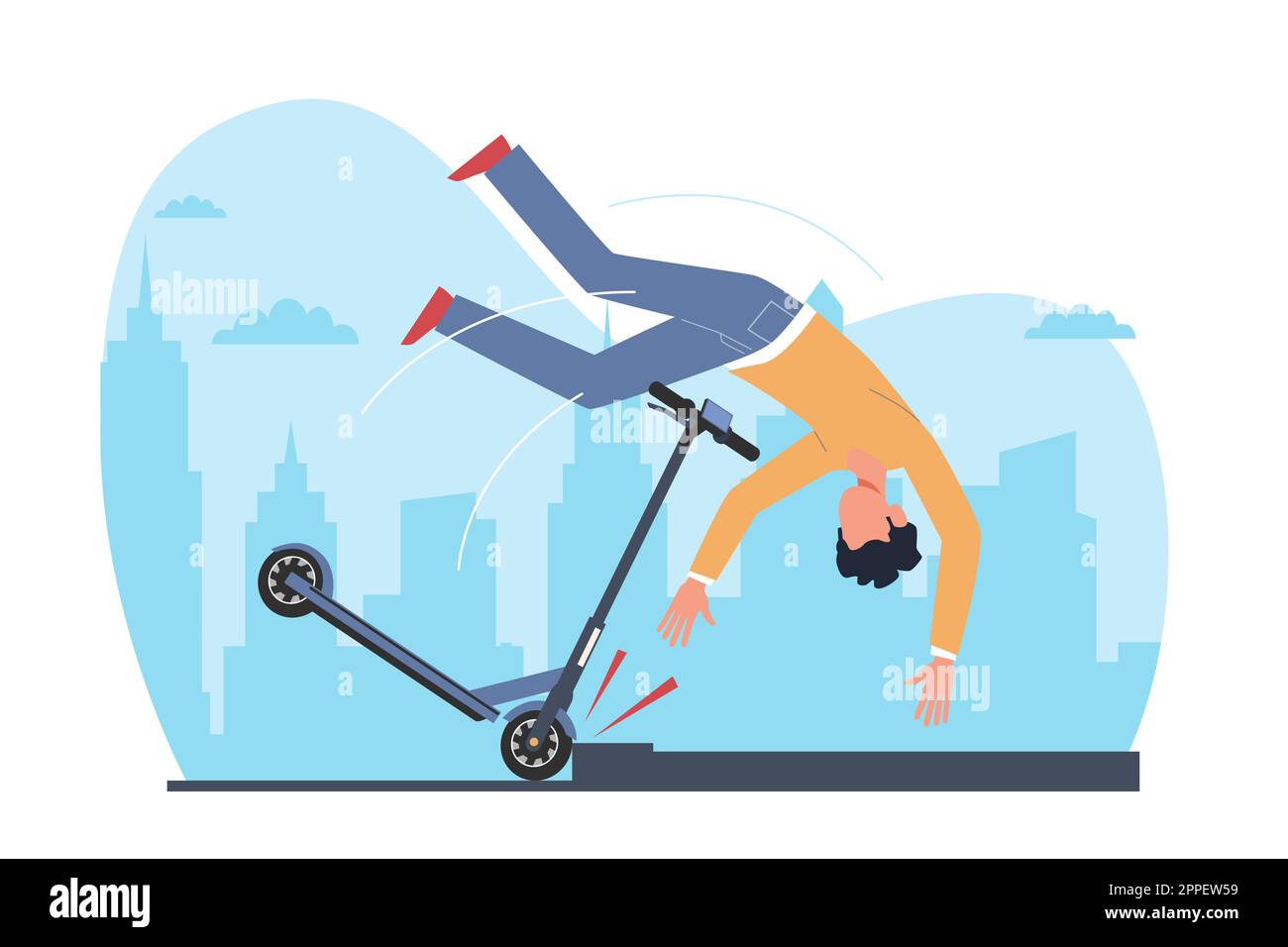 Guy without helmet falls off electric scooter and flies over handlebars. Incident on road, injured person. Broken vehicle. Riding on bike boy. Cartoon Stock Vector