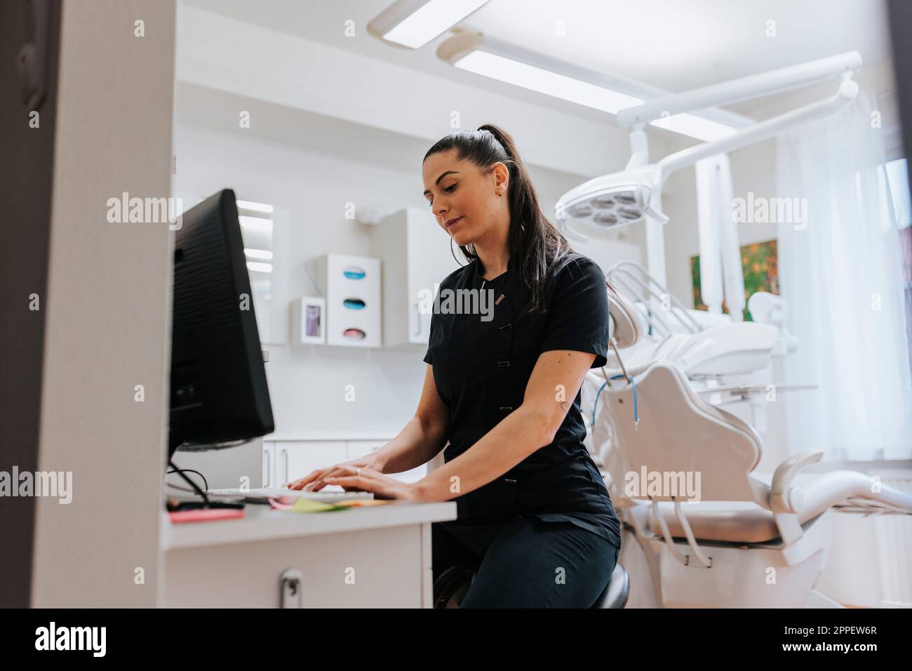 Female dentist using computer in office Stock Photo Alamy