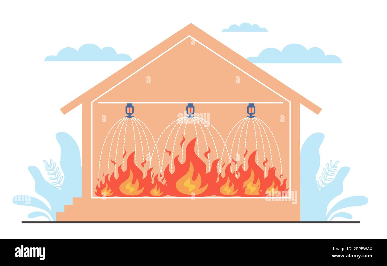 Home fire protection system, sprinklers spray water on flames. Smoke