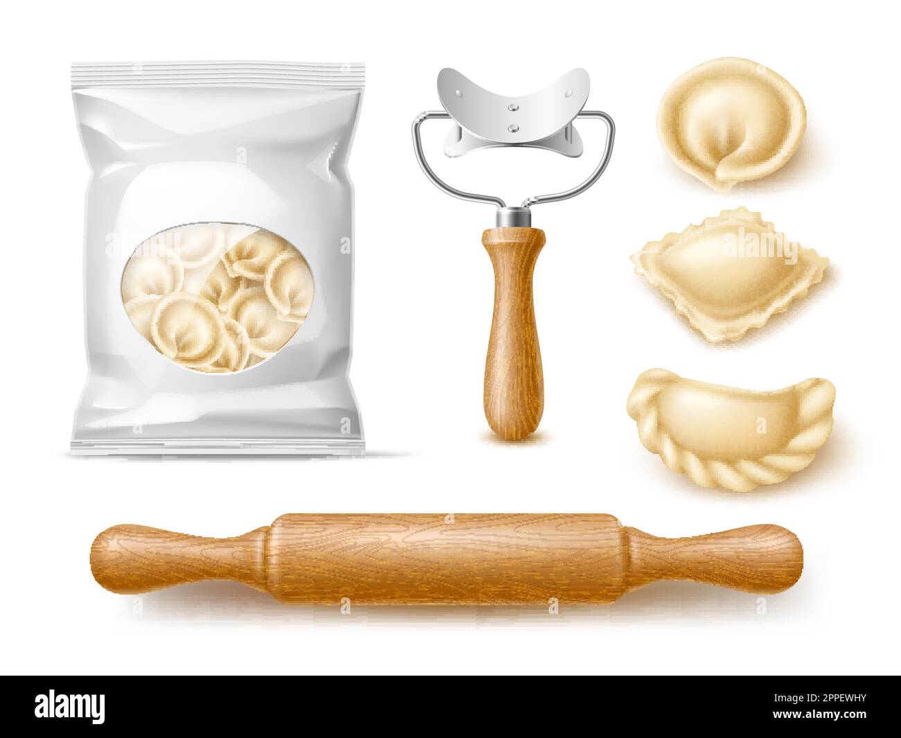 Making dumplings accessories. Realistic packaged product, dough with meat filling, delicious