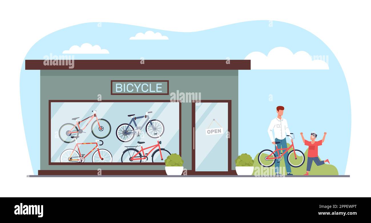 Man bought his son bicycle in shop. Family relationships and parenthood