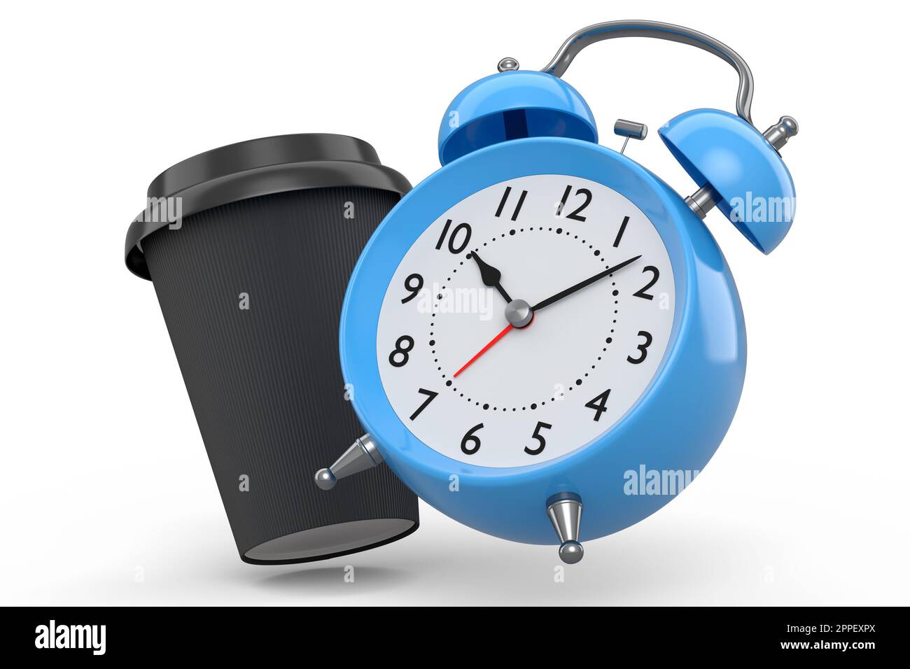 Vintage alarm clock with paper coffee cup on white background. 3d render concept of wake up time morning and hurry up, sales promotion period for onli Stock Photo