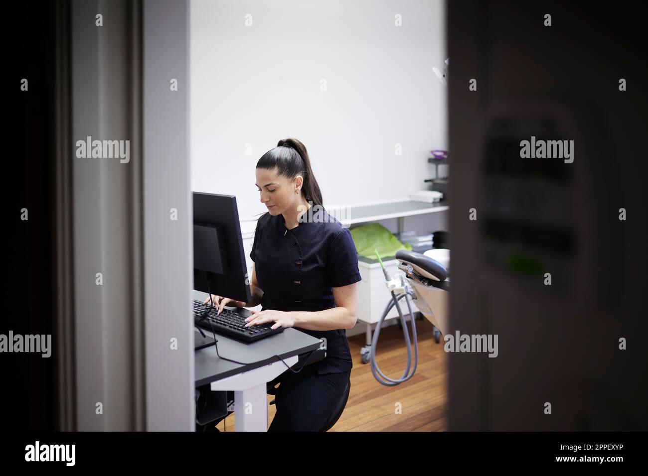 Female dentist using computer in office Stock Photo