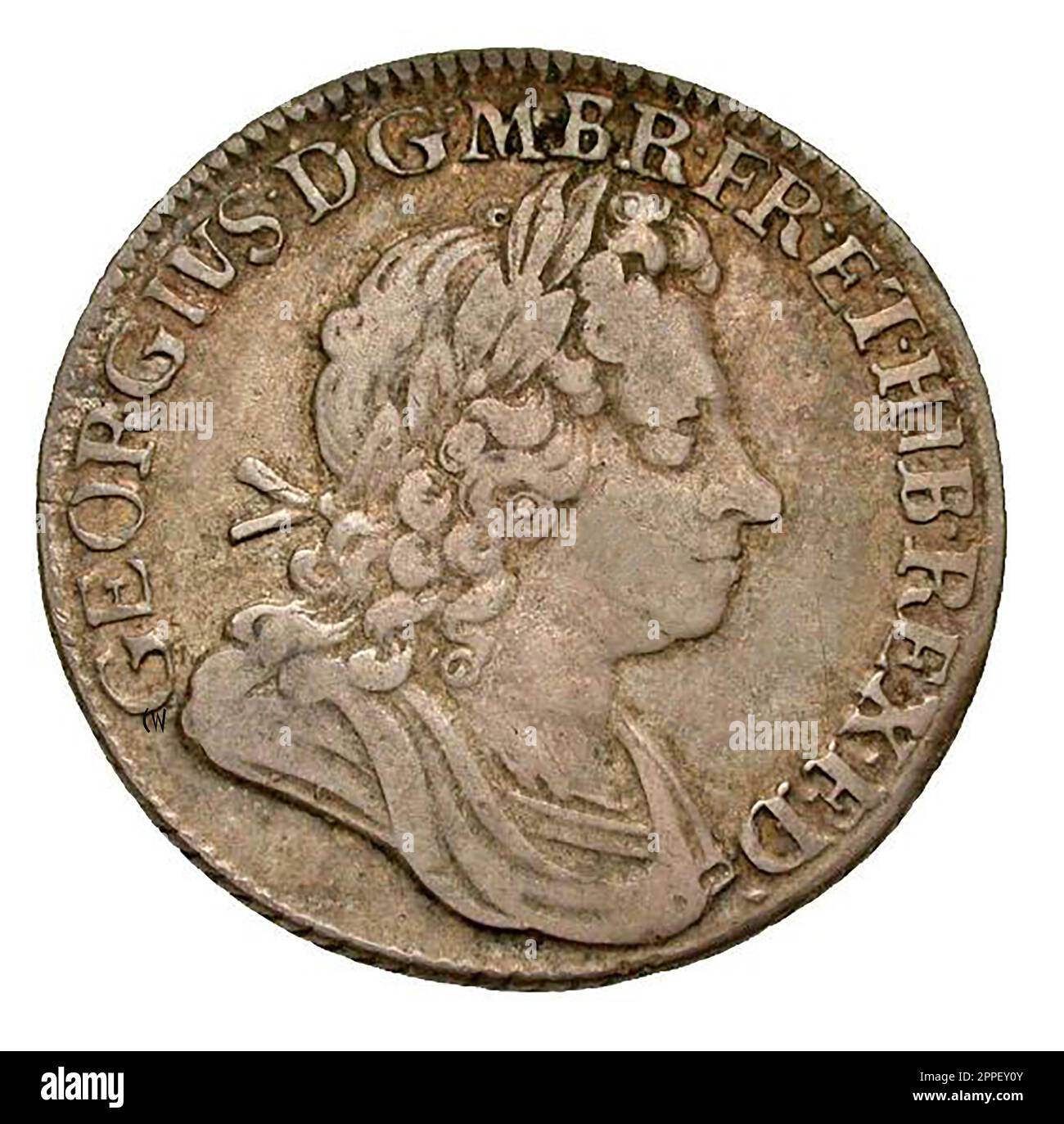 18th Century South Sea Company silver shilling. similar to the one allegedly stolen by James Cook RN when a boy working in  a small shop in Staithes, Yorkshire. Stock Photo