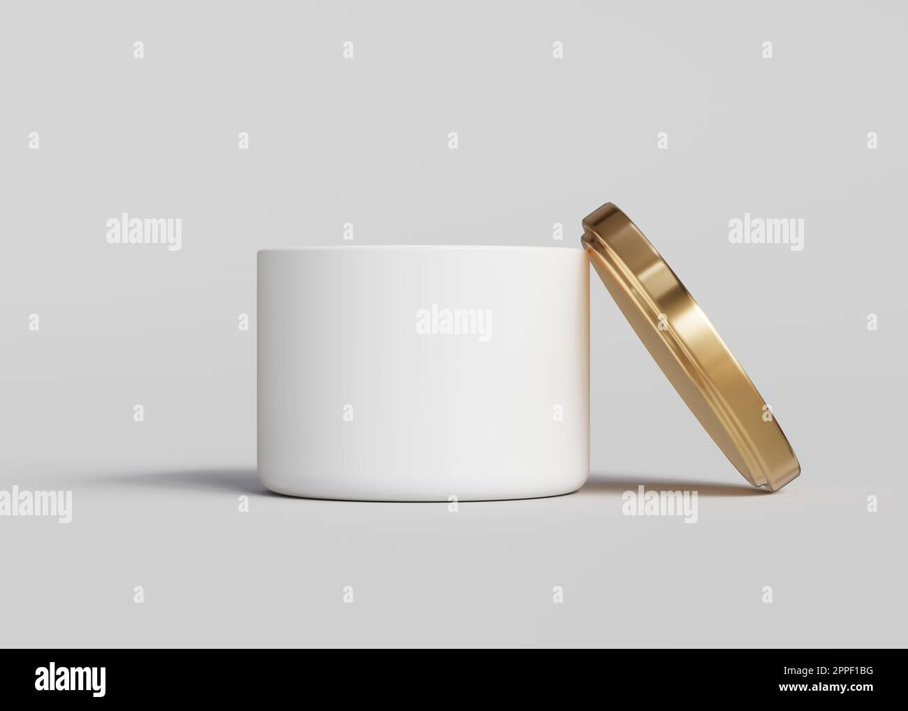 White ceramic candle jar with gold lid open front view mockup, 3D render Stock Photo Alamy