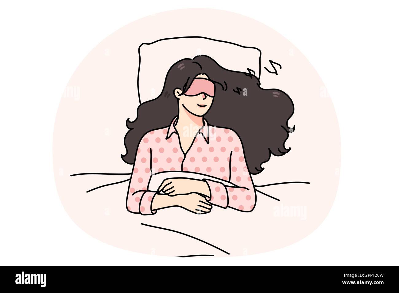 Calm young woman with eye mask lying relaxing in soft bed sleeping or
