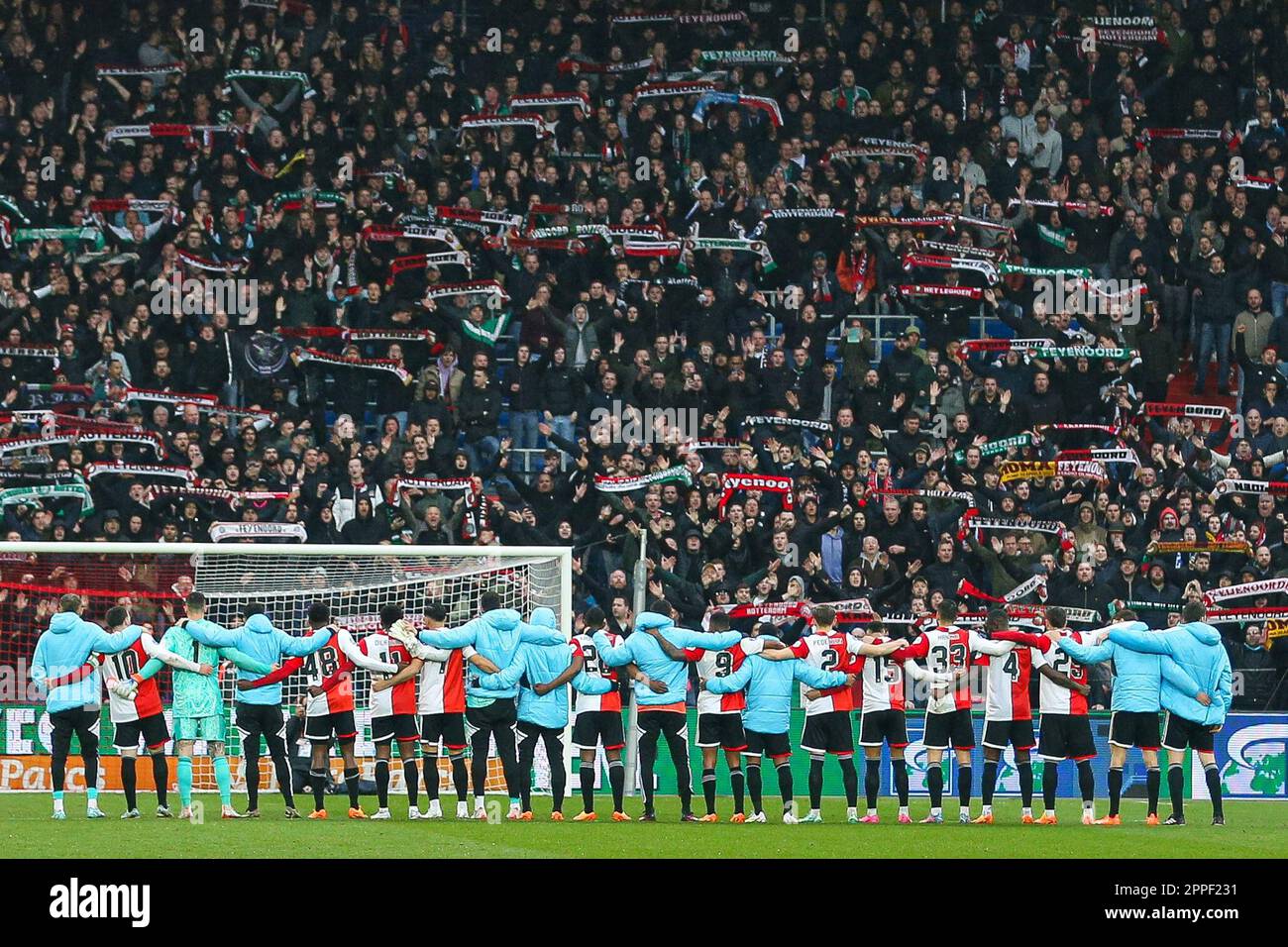 ROTTERDAM, 23-4-2023, Stadium de Kuip, Dutch eredivisie, 2022 / 2023,  Feyenoord - Utrecht, Feyenoord supporters, sjaal, scarfs, Feyenoord  selectie after the match (Photo by Pro Shots/Sipa USA Stock Photo - Alamy