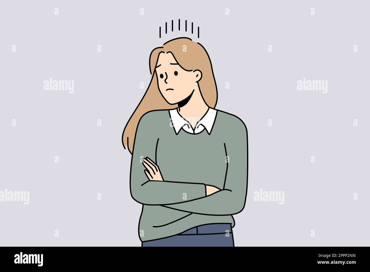 Unhappy woman look in distance thinking and brainstorming. Distressed girl feel upset and frustrated frowning and worrying. Vector illustration.  Stock Vector