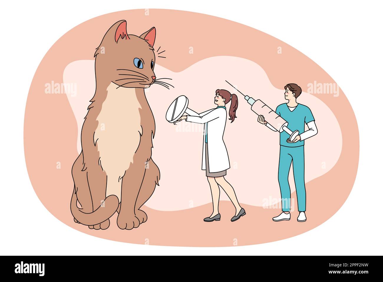 Tiny doctors people treat cure huge cat give medication and pill. Small