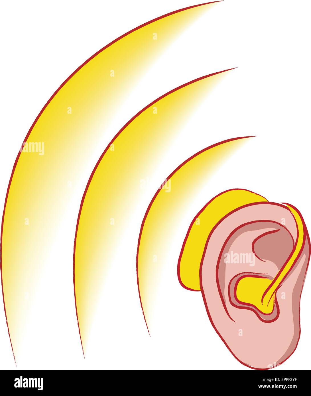 Drawing of ear and sound waves, vector illustration, hearing aid Stock