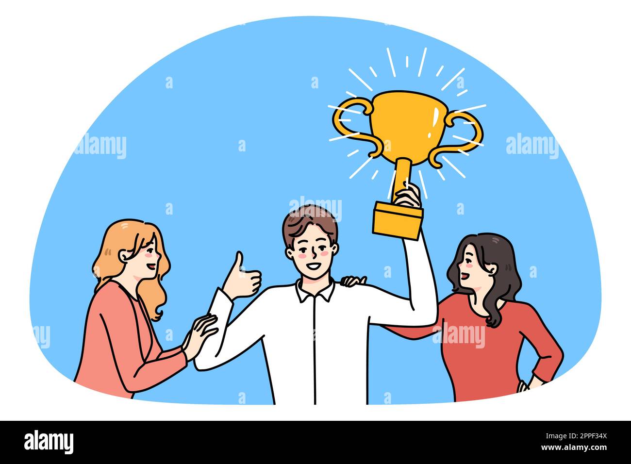 Overjoyed man employee with golden trophy in hands feel confident winning. Smiling women attracted to successful businessman holding award. Success and victory. Vector illustration. Stock Vector
