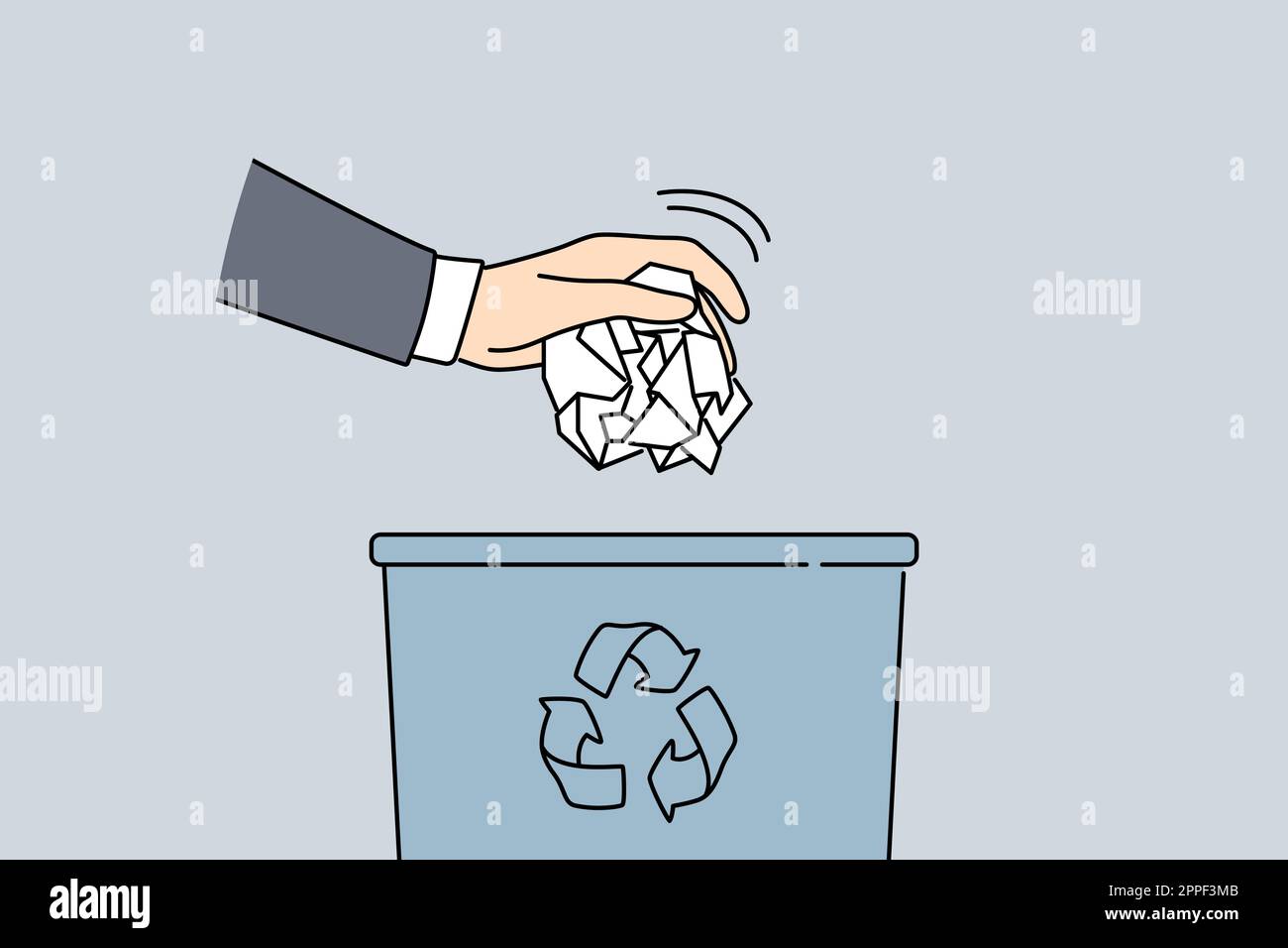 Man hand put paper in trash bin. Closeup of male throw crumpled