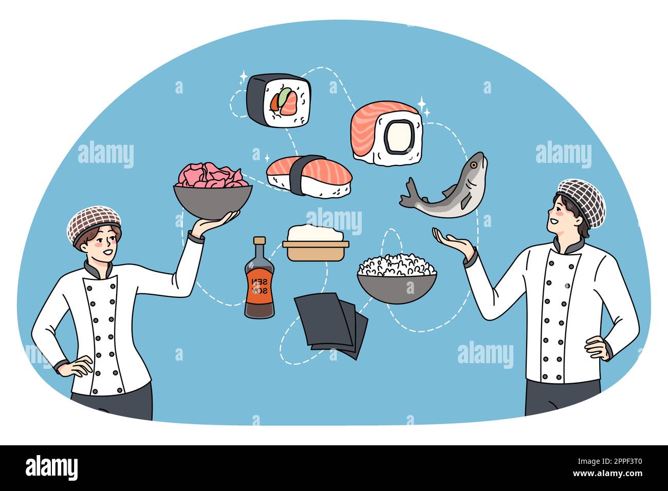 Professional chef cooking rolls and sushi for restaurant menu. Diverse