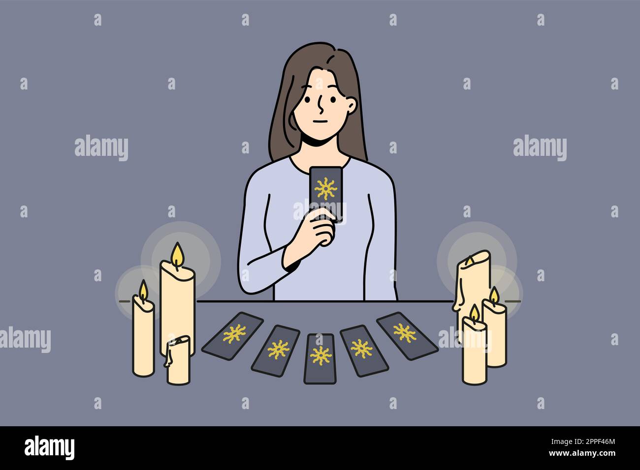 Female soothsayer sit at table with cards predict future. Witch or