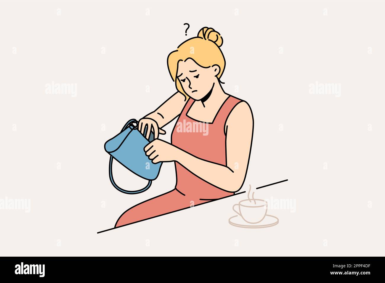 Frustrated woman sit in cafe feel anxious look for lost item in handbag. Worried female search for keys in wallet or purse in coffee shop. Vector illustration.  Stock Vector