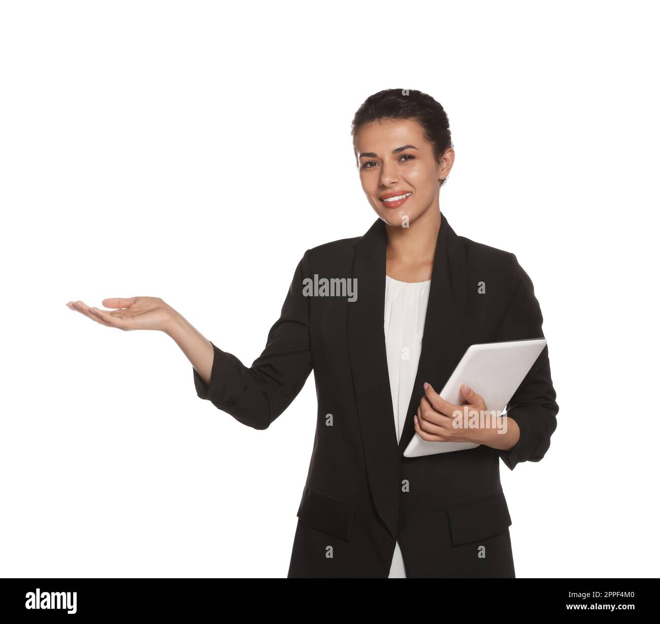 Hostess in uniform with tablet on white background Stock Photo - Alamy