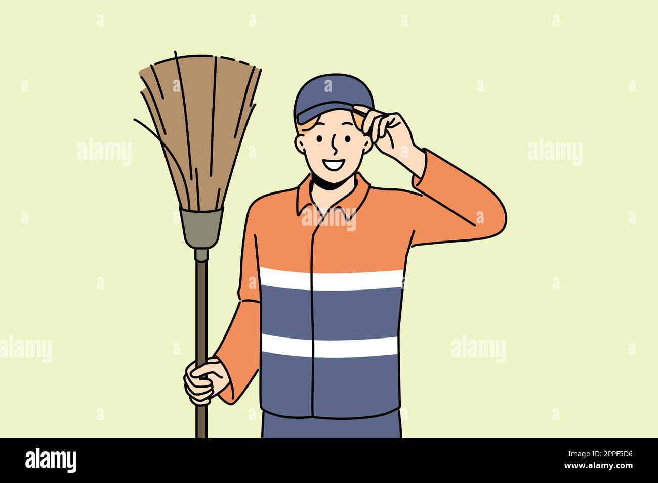 Smiling male janitor in uniform holding brush saluting. Happy man cleaner or swabber greeting with people. Occupation concept. Vector illustration.  Stock Vector