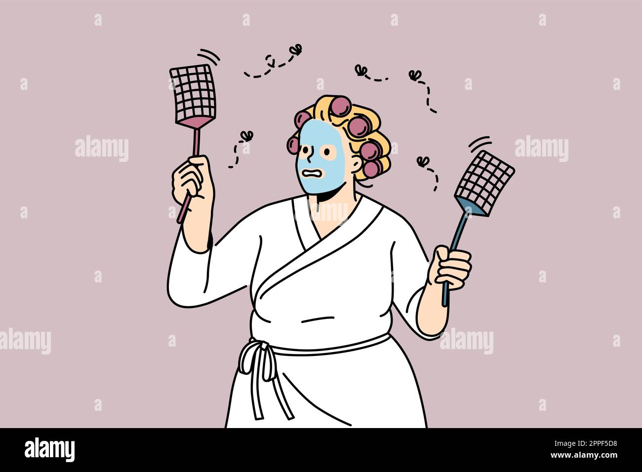 Funny overweight woman in bathrobe and mask on face beat insects with