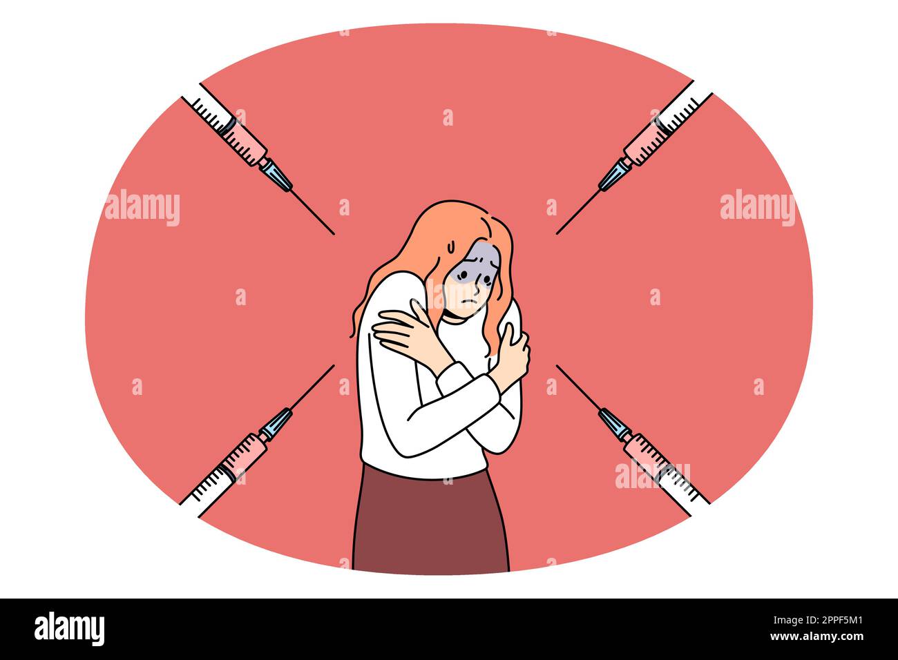 Feeling afraid of infections concept. Stressed scared afraid girl standing feeling panic covering shoulders with syringe pointing at her vector illustration Stock Vector