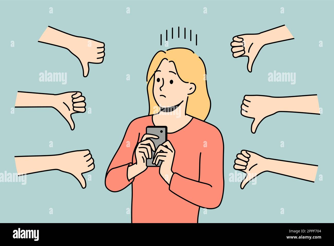 Distressed woman with cellphone displeased with negative feedbacks ...