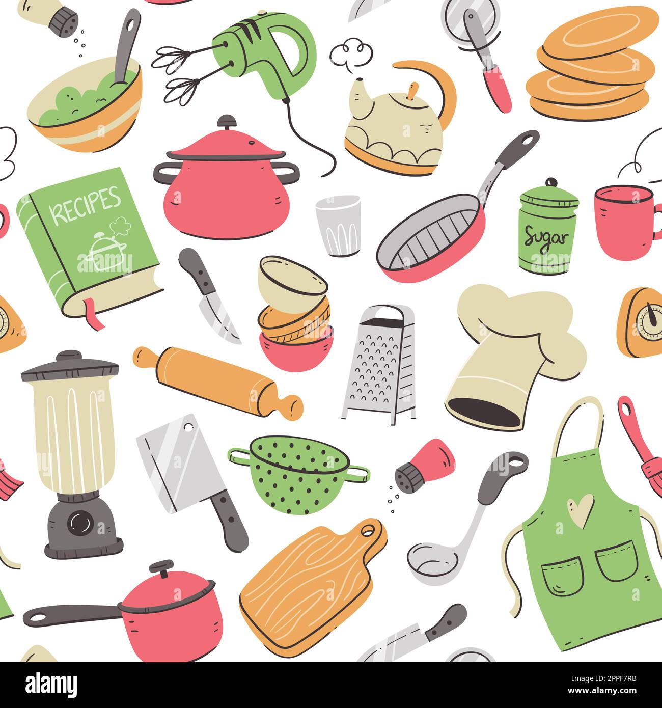 Kitchen tools and appliances seamless pattern. Cute illustration with isolated cooking objects in vector format. Kitchen utensils background. Stock Vector