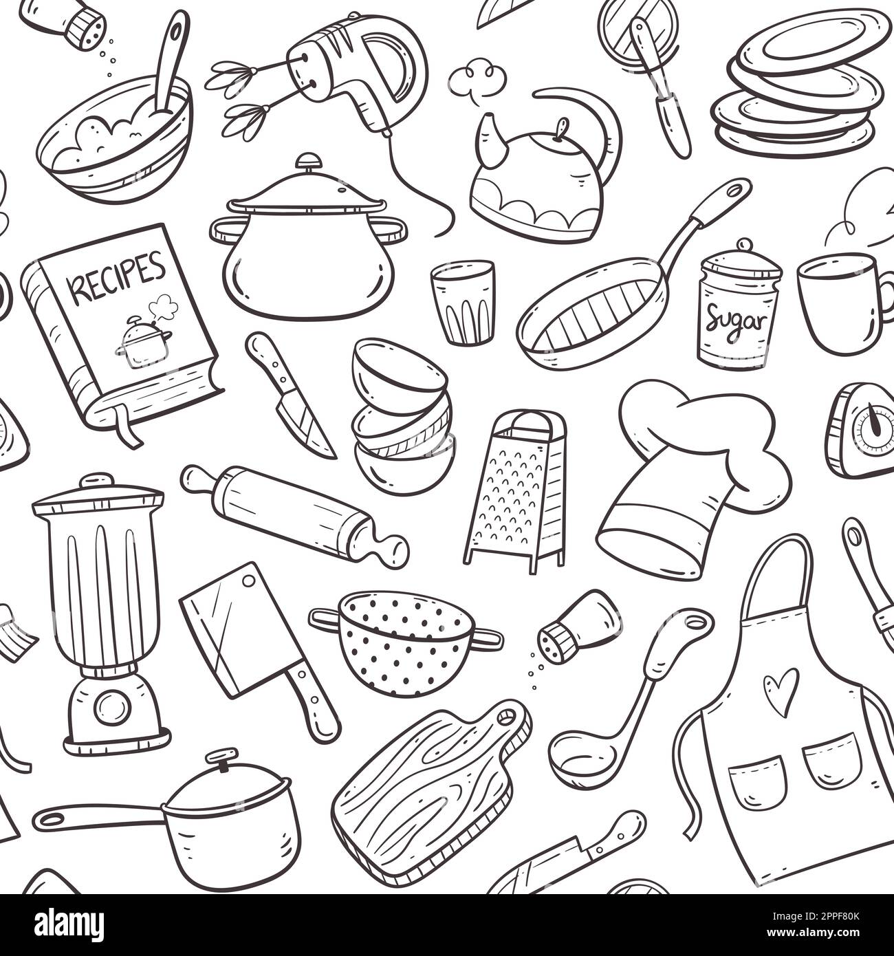 Kitchen tools and appliances doodle seamless pattern. Cute illustration with isolated cooking objects in vector format. Kitchen utensils background. Stock Vector