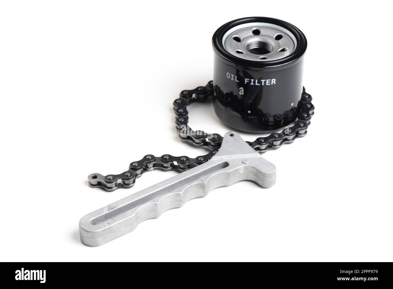 The new car oil filter and chain wrench isolated over white background