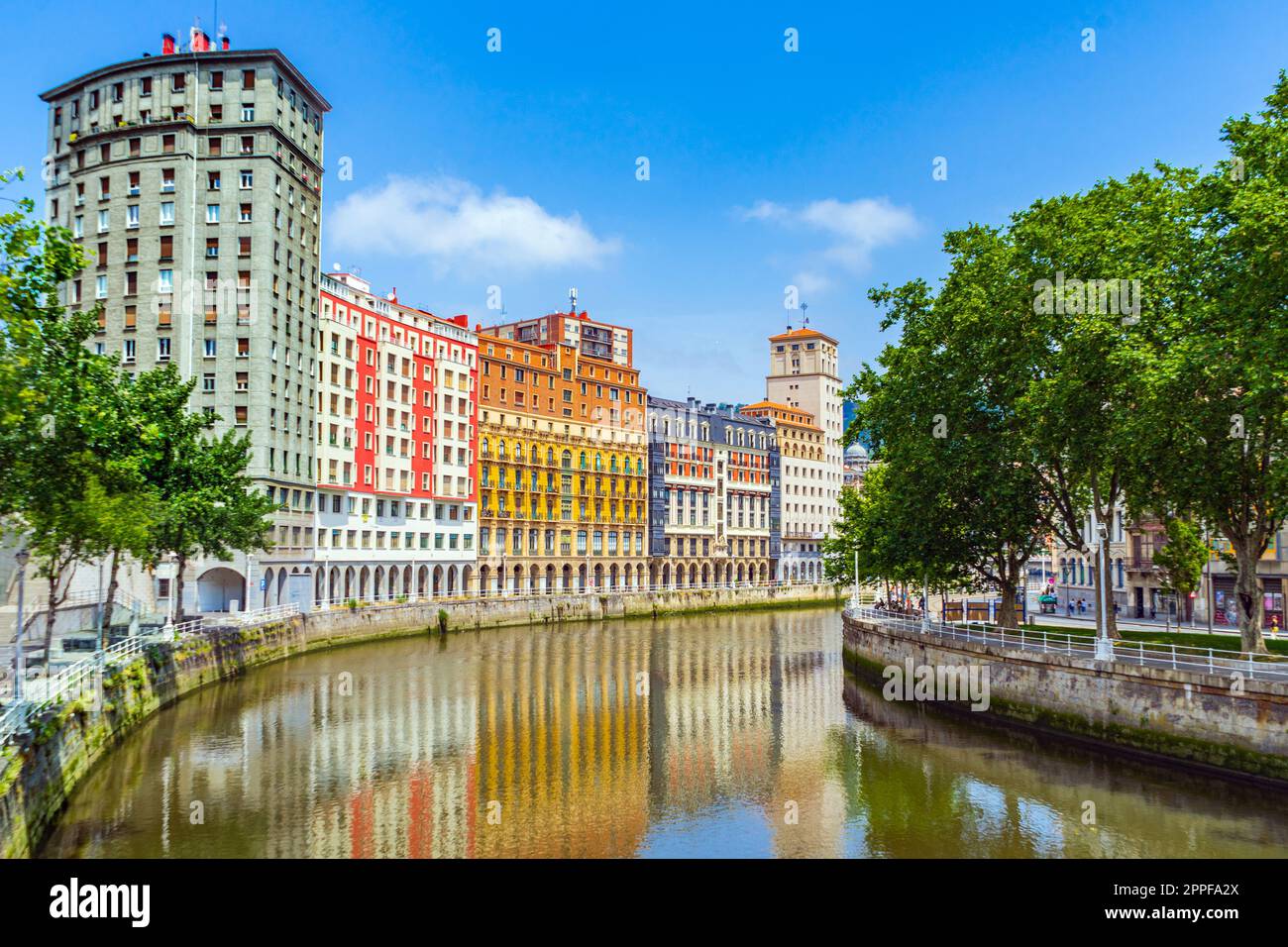 High apartment buildings along the Nervion River, Bilbao, Spain