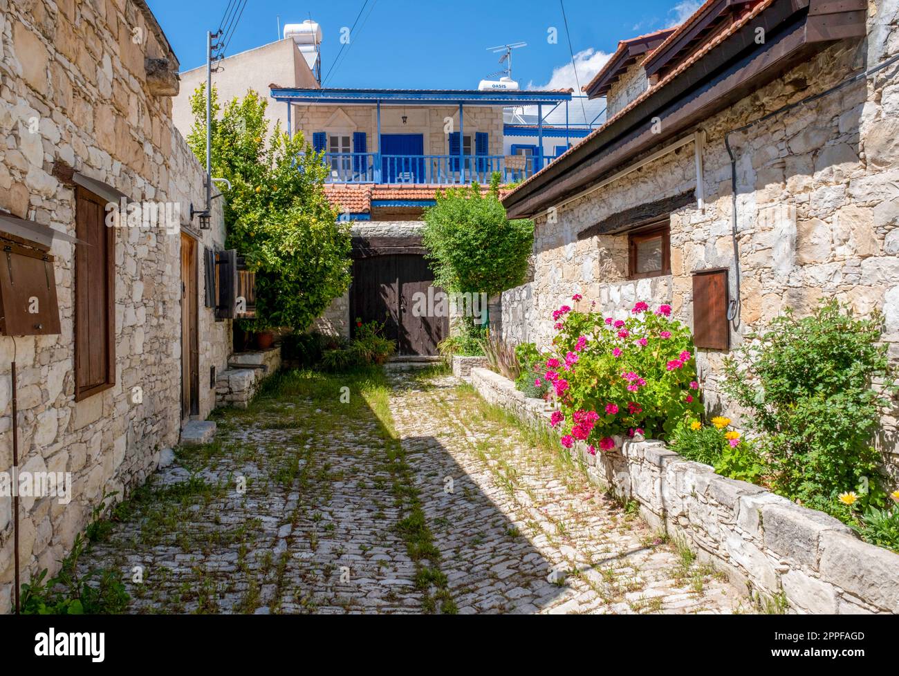 Authentic cobbled street, Lania village, Limassol district, Cyprus Stock Photo