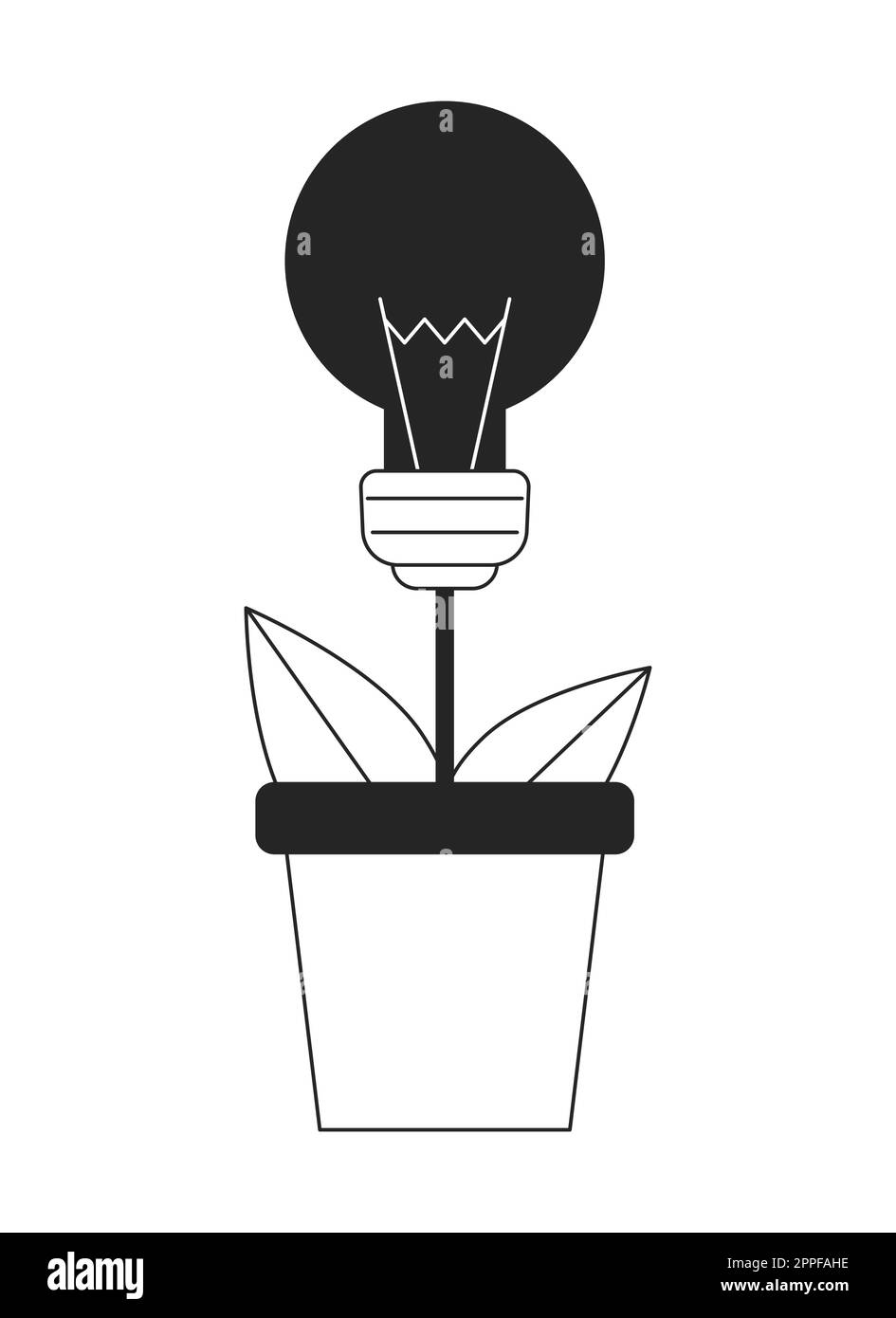 Planting light bulb in pot flat line black white vector object Stock Vector