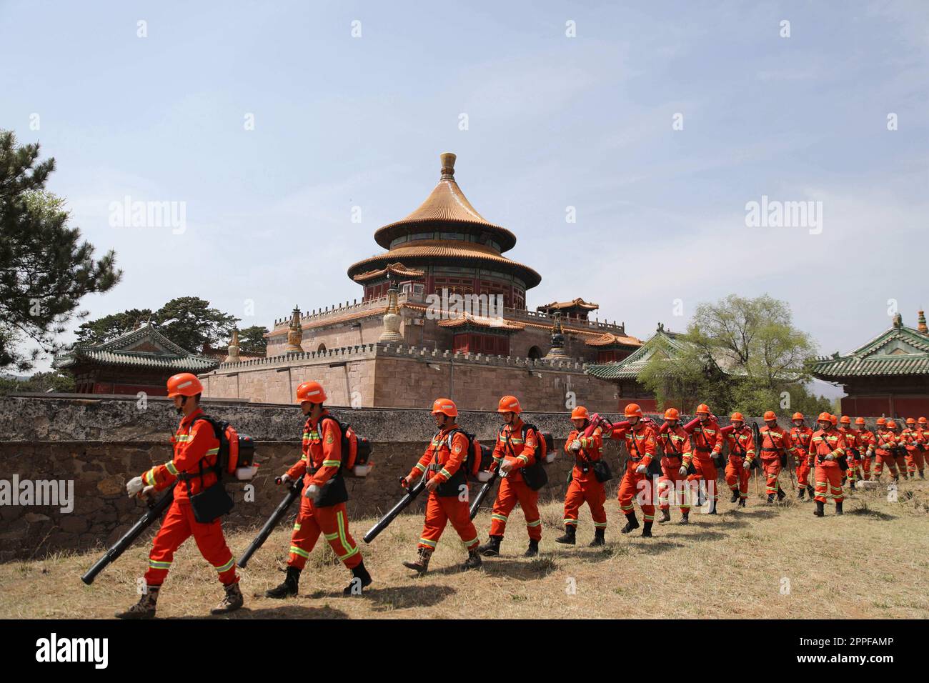 CHENGDE, CHINA - APRIL 24, 2023 - Members of the forest fire brigade patrol the key forest areas around the Summer Resort and the temple scenic spot, Stock Photo