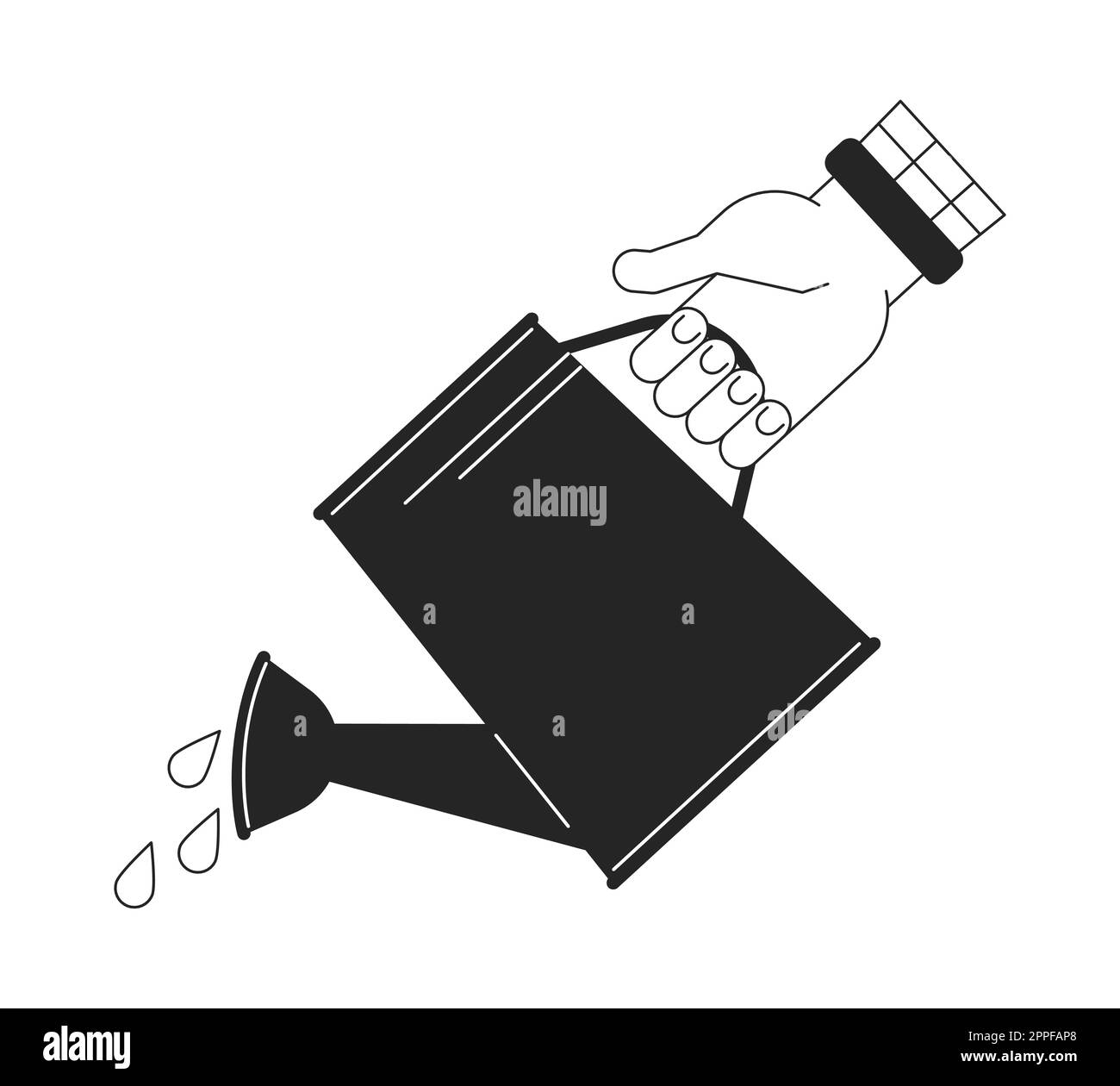 Watering with sprinkling can flat line black white vector first view hand Stock Vector