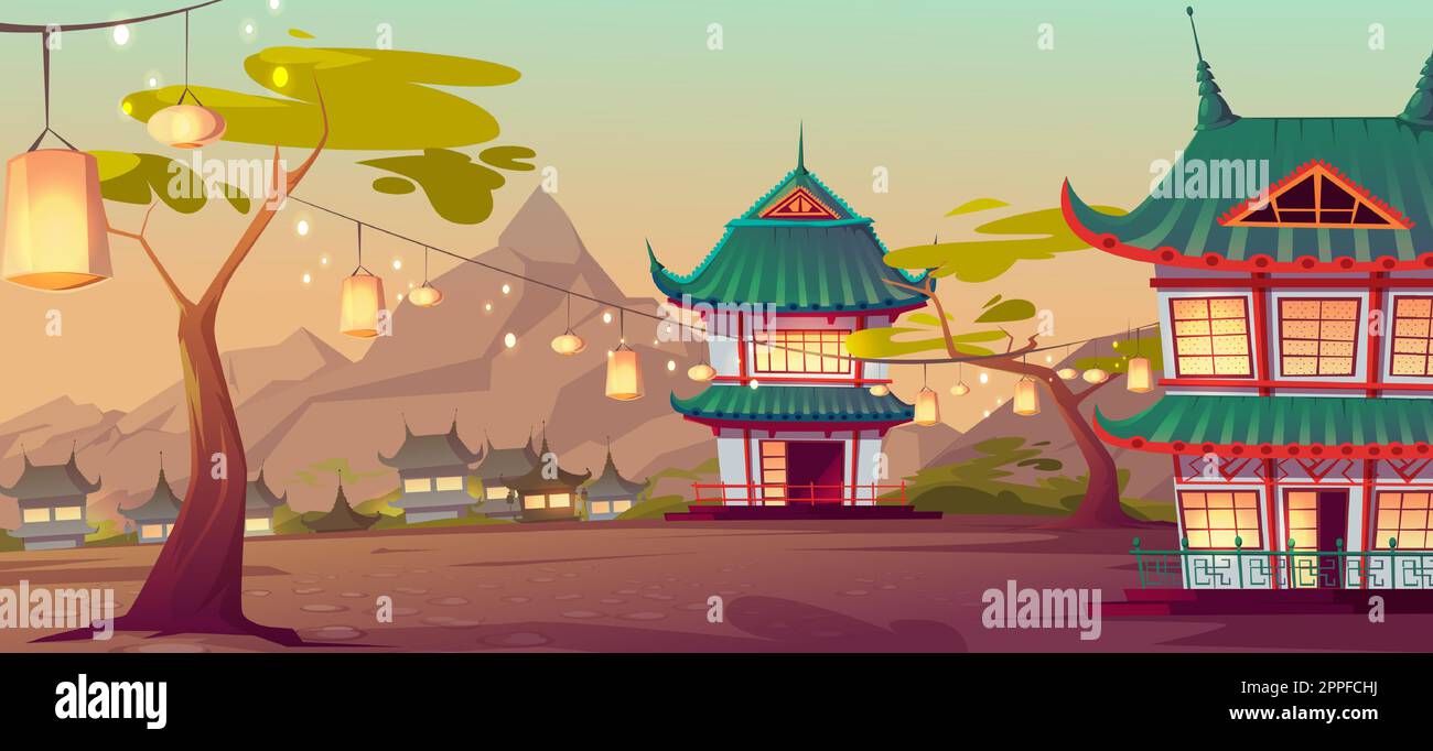 Chinese, asian village with traditional houses and festival lanterns on street. Vector cartoon landscape with chinese, japanese buildings and mountains on background Stock Vector