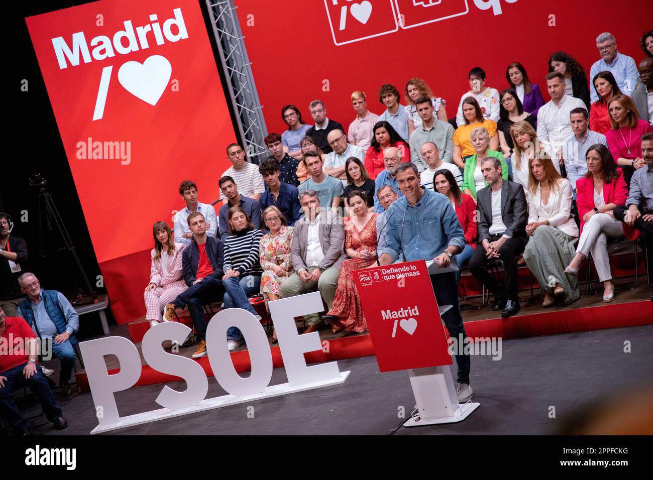 Pedro Sanchez. Juan Lobato. Javier Ayala. Massive act of the PSOE with the mayor, candidate for the Community of Madrid and president of Spain Stock Photo