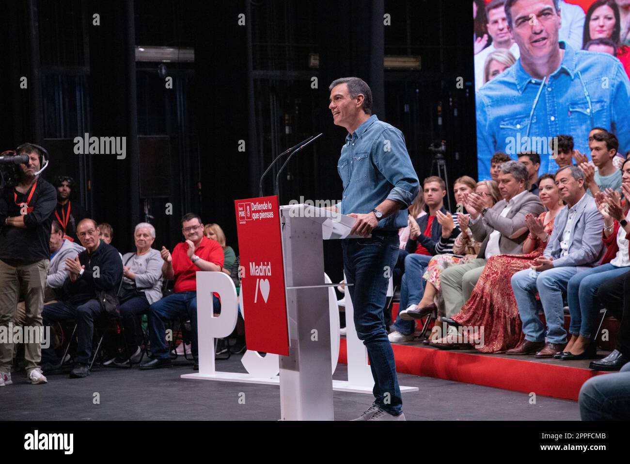 Pedro Sanchez. Juan Lobato. Javier Ayala. Massive act of the PSOE with the mayor, candidate for the Community of Madrid and president of Spain Stock Photo